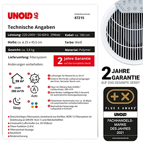 Produktinformationsblatt für den Luftreiniger Unold LUFTREINIGER ALPHA mit Spezifikationen, Funktionen, Garantieinformationen, Auszeichnungen und einer Teilansicht der belüfteten Oberfläche in der oberen rechten Ecke.