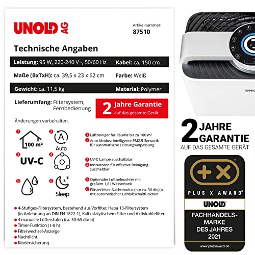 Das Produktinformationsblatt zum Unold Luftreiniger + Luftbefeuchter DELTA zeigt Spezifikationen, Hauptmerkmale, Auszeichnungen und eine 2-jährige Garantie. Das Bild zeigt Symbole und Leistungsdaten und hebt den Abschnitt zur 2-jährigen Garantie hervor.