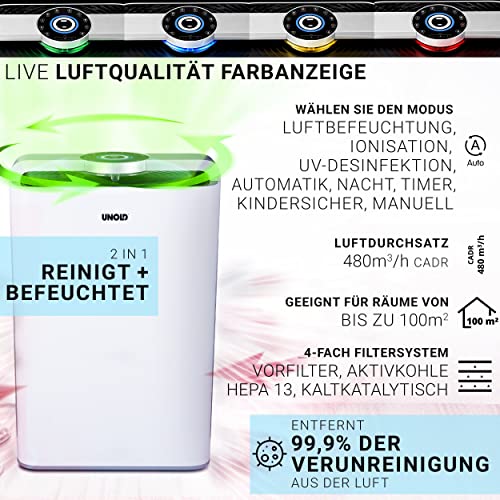 Unold Luftreiniger + Luftbefeuchter DELTA: Hergestellt in Deutschland mit farbkodierter Luftqualitätsanzeige, Befeuchtung, Ionisierung, UV-Desinfektion, Nachtmodus. Entfernt 99,9 % der Luftverunreinigungen; ideal für Räume bis 100 m².