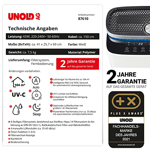 Produktinformationsblatt zum Unold Luftreiniger + Luftbefeuchter OMEGA: Technische Daten, UV-C, 2 Jahre Garantie, 104 m² Abdeckung, Filtersystem. Die rechte Seite zeigt einen Teil des Luftreinigers.