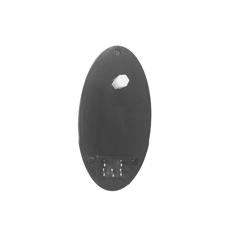Ein Unold-Motor-5-polig-6-kant für Eismaschine de luxe 48816, schwarz und oval mit einem sechseckigen weißen Knopf oben und einem transparenten Fach mit Schaltern unten, ist auf einem weißen Hintergrund fotografiert.