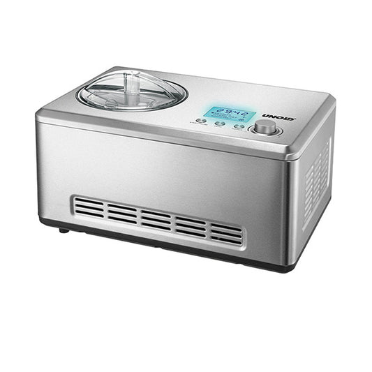 Auf weißem Hintergrund ist die Unold  Eismaschine Nobile 2 L abgebildet, eine silberne elektrische Eismaschine mit Digitalanzeige, Bedienknopf und transparentem Deckel.