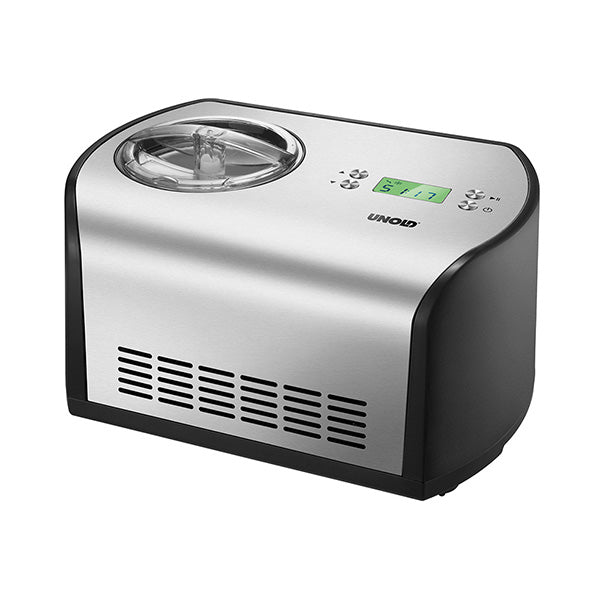 Die Unold Eismaschine One 1,2 L ist eine moderne, kompakte Eismaschine in Silber und Schwarz mit transparentem Deckel, Bedientasten, einer Digitalanzeige oben rechts und Lüftungsschlitzen an der Vorderseite.