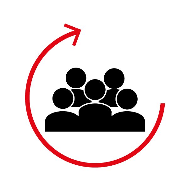 Drei einfache weiße Benutzersymbole in einer Reihe, umgeben von einem roten Pfeil, der nach oben und rechts gebogen ist und einen Teilkreis bildet. Das Design suggeriert Konzepte wie Teamwork, Zusammenarbeit oder Community-Wachstum.
