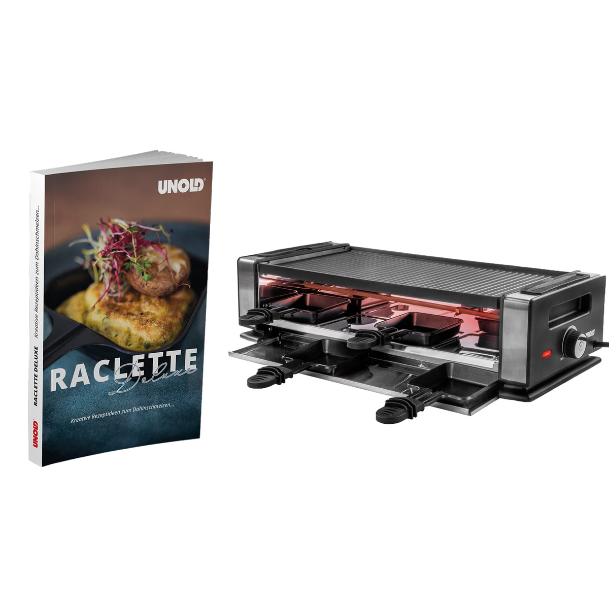 Das Unold Raclette Finesse Basic, einschließlich des Raclette"-Buches, wird mit seinem Mehrschalengrill neben dem Kochbuch mit einem Gericht auf dem Cover präsentiert.
