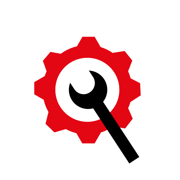 Ein rotes Zahnradsymbol mit einem runden Zentrum, das einer Lupe ähnelt, auf transparentem Hintergrund.