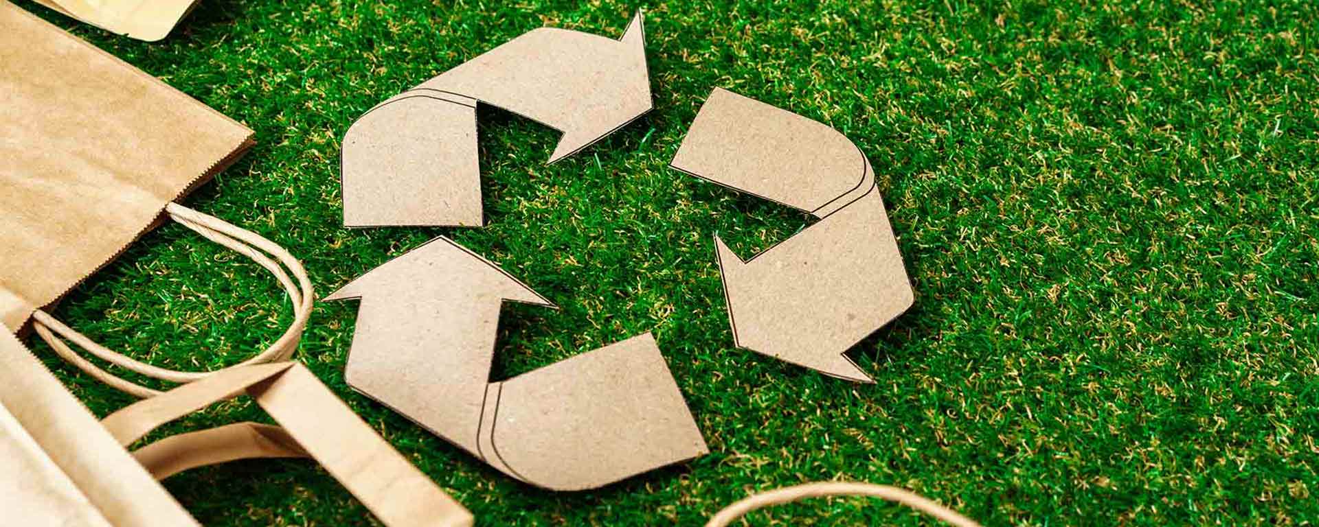 Braunes Papierrecyclingsymbol auf grünem Gras, mit Papiertüten und Stoffgriffen auf der linken Seite, die umweltfreundliche und nachhaltige Praktiken darstellen.