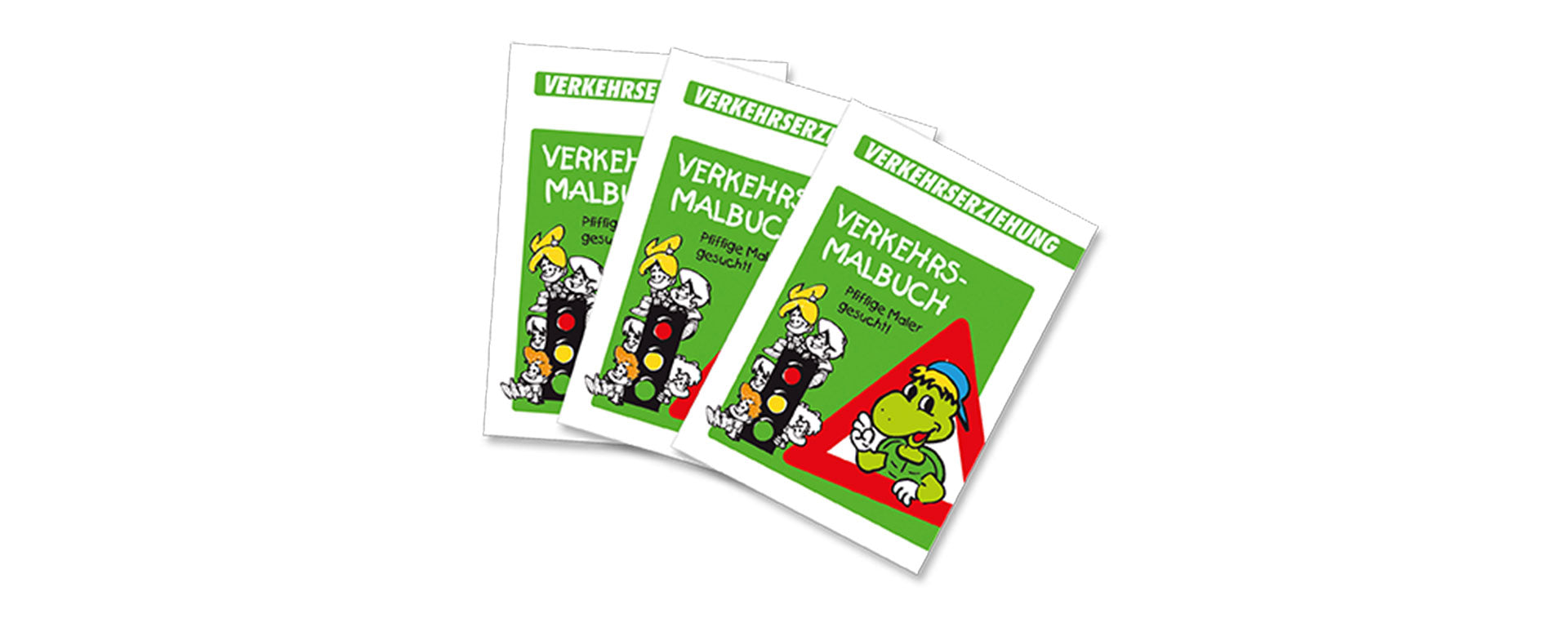 Drei deutsche Malbücher für Kinder mit grünem Einband, auf denen neben Verkehrszeichen und Signalen auch Comic-Tiere, darunter ein Frosch und Enten, abgebildet sind. Die Titel lauten „Verkehrsmalbuch“ und „Verkehrsset“.