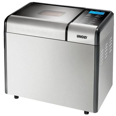 Der Unold Backmeister® Top Edition ist ein silberner Brotbackautomat mit Digitalanzeige und Bedientasten oben rechts, Sichtfenster im Deckel und Lüftungsschlitzen an den Seiten.