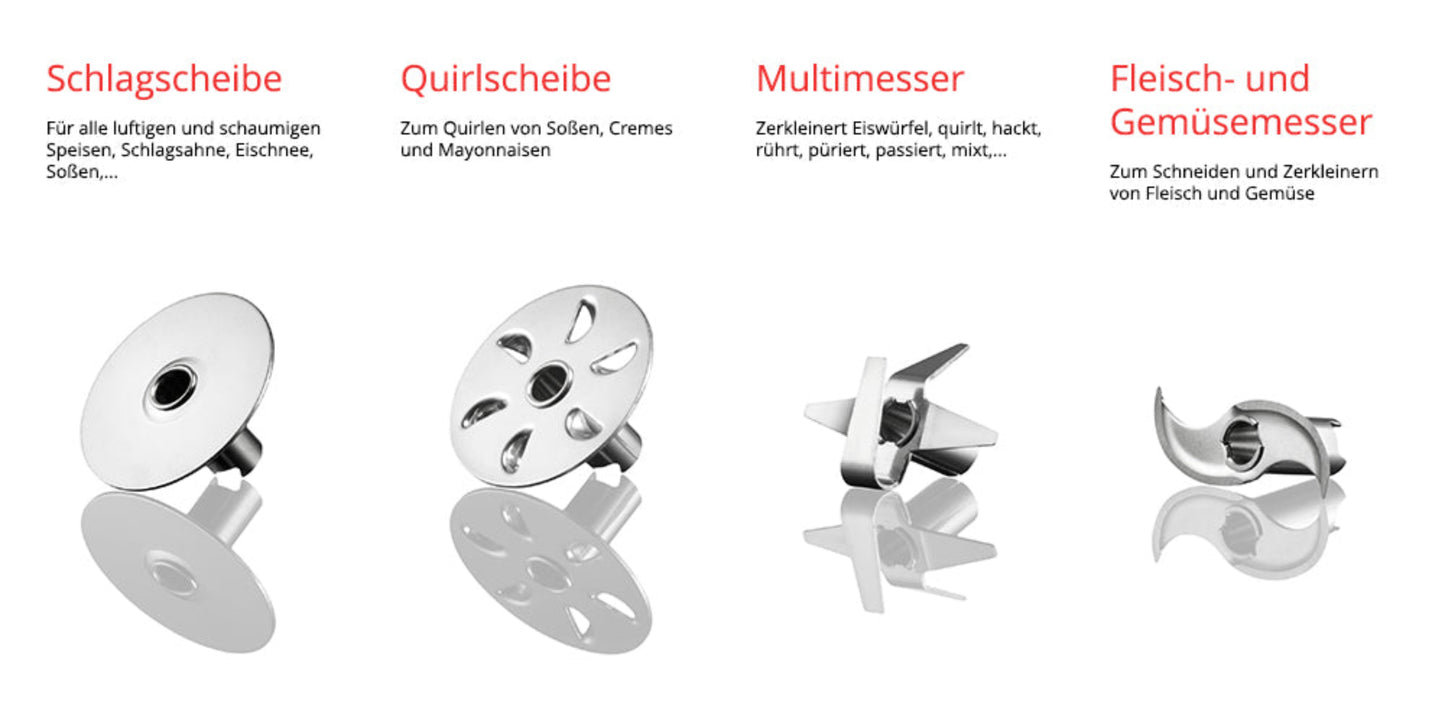 Das ESGE Zauberstab M100 Premium-Set 9142600 verfügt über vier beschriftete Metallaufsätze – Schneebesenscheibe, Mixscheibe, Multimesser und Fleisch- und Gemüsemesser – mit deutschen Funktionsbeschreibungen und Schatten darunter.