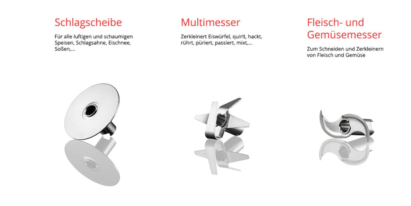 Auf weißem Hintergrund sind drei Aufsätze der ESGE-Zauberstab® Petticoat Edition von Unold abgebildet – eine Quirlscheibe, ein Mehrklingenschneider und ein Fleisch-/Gemüsemesser – jeweils mit deutscher Beschriftung und Beschreibung in roter und schwarzer Schrift.