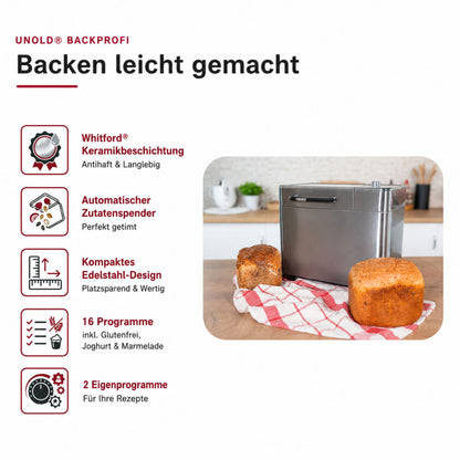 Der Unold Brotbackautomat BackProfi Nussspender inkl.. Rezeptheft steht auf der Theke neben zwei Broten auf einem rot-karierten Tuch. Er verfügt über eine Keramikbeschichtung, einen automatischen Nussspender, kompaktes Design, 16 Programme und 2 anpassbare Optionen.