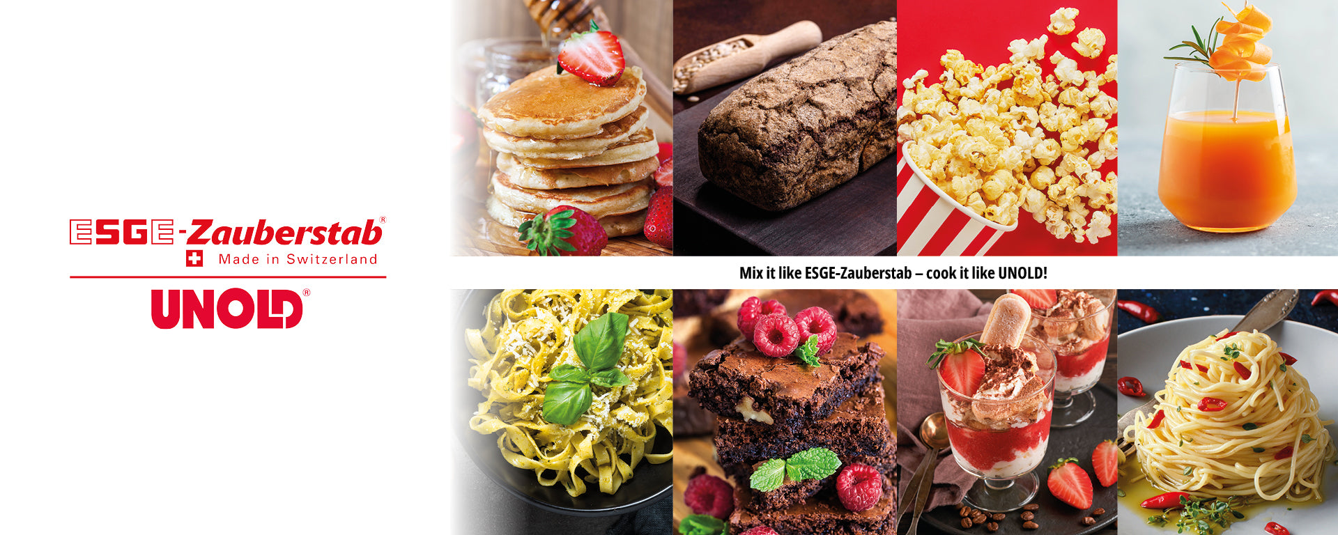 Eine Collage von Lebensmitteln wie Pfannkuchen mit Erdbeeren, Schokoladenkuchen, Popcorn, Orangensaft, Nudeln mit Basilikum, Brownies, Desserts mit Erdbeeren und Nudeln mit Tomatensoße, daneben die Logos von ESGE Zauberstab und UNOLD.