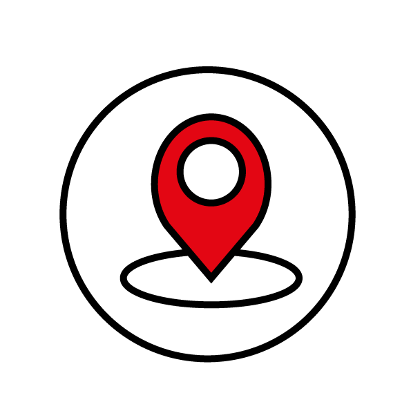 Ein rotes Stecknadelsymbol auf einer Karte mittig auf einem schlichten schwarzen Hintergrund.