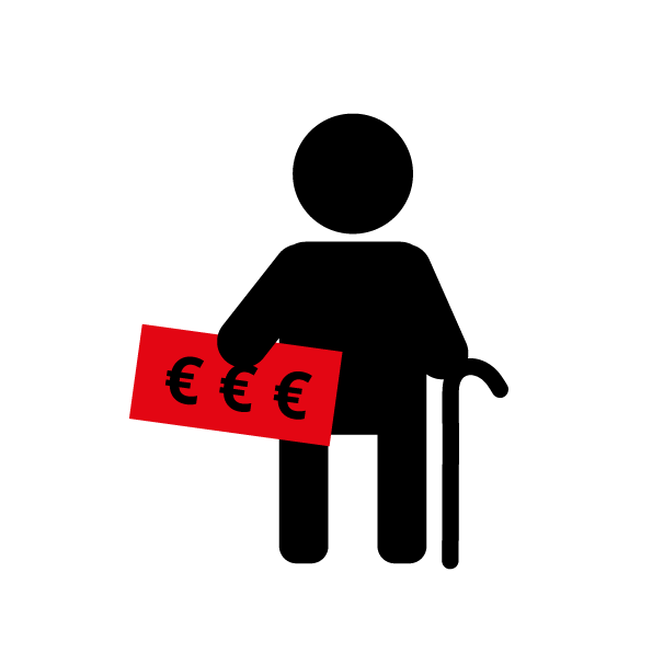 Eine Person mit schwarzer Silhouette hält ein großes rotes Preisschild mit drei Euro-Symbolen (€) darauf, was zum Einkaufen oder Kaufen suggeriert.