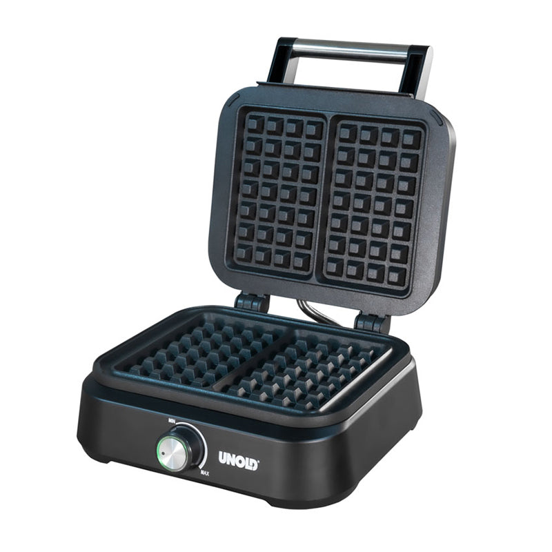 Das Unold BELGISCHE WAFFELEISEN Brüssel ist ein schwarzes elektrisches Waffeleisen mit Edelstahlgriff. Im geöffneten Zustand präsentiert es zwei quadratische Waffelplatten. Die Vorderseite ist mit einem Drehknopf und dem Unold-Logo versehen.