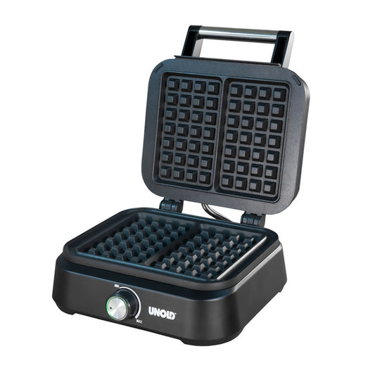 Das Unold BELGISCHE WAFFELEISEN Brüssel ist ein schwarzes elektrisches Waffeleisen mit Edelstahlgriff. Im geöffneten Zustand präsentiert es zwei quadratische Waffelplatten. Die Vorderseite ist mit einem Drehknopf und dem Unold-Logo versehen.