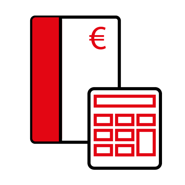 Rotes Taschenrechnersymbol neben einem vertikalen roten Block und einem Euro-Währungssymbol auf transparentem Hintergrund, was auf Finanzberechnungen oder Buchhaltung hindeutet.