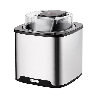 Die Unold Eismaschine Gelato 1,5 L ist eine silber-schwarze Eismaschine mit transparentem Deckel und einem digitalen Bedienfeld auf der Oberseite.