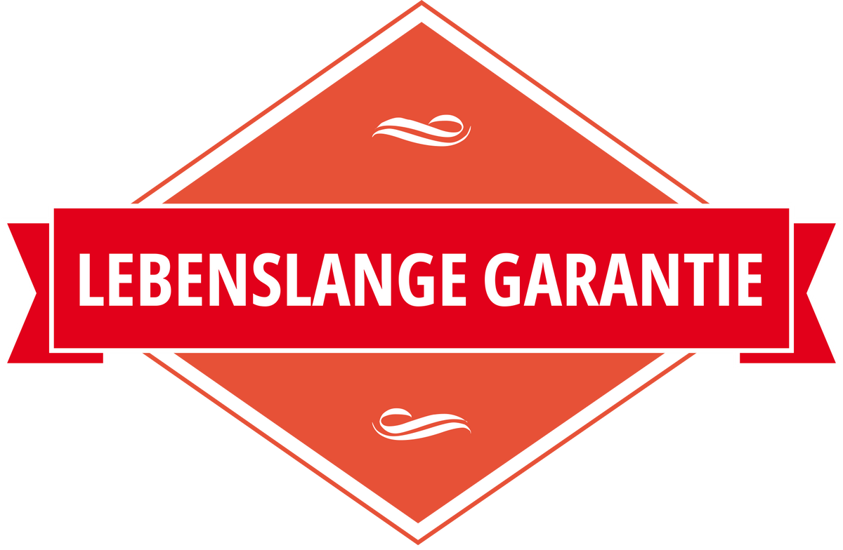 Eine rot-orangefarbene, rautenförmige Plakette mit weißen Linien zeigt die „LEBENSLANGE GARANTIE“ für die Unold ESGE-Zauberstab® Petticoat Edition.