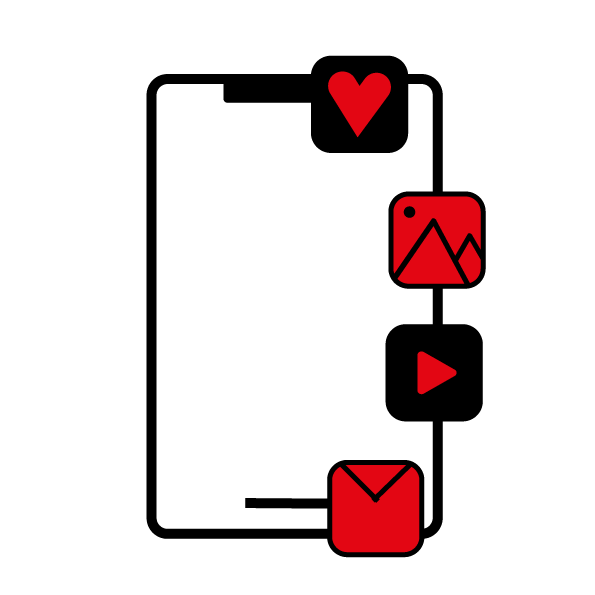 Eine Person hält ein Smartphone, aus dem rote Symbole eines Herzens, eines Bildes, einer Videowiedergabetaste und eines Umschlags herausragen, die digitale Kommunikation und soziale Medien darstellen.