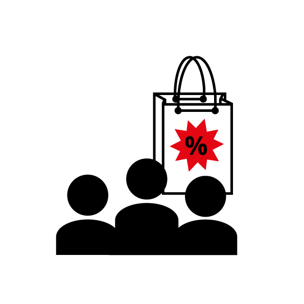 Ein schwarzer Einkaufswagen mit einem roten Prozentsymbol in Form eines Sterns an der Seite, das einen Rabatt oder einen Sonderverkauf darstellt.