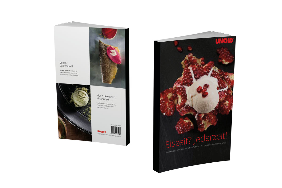 Zwei Ansichten des Unold Eisbuchs – 101 Eisrezepte: Die Vorderseite zeigt eine Kugel Eis mit Granatapfelkernen und -stücken, die Rückseite weitere Kugeln und einen kurzen Text.