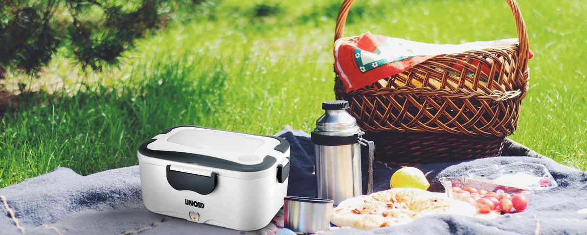 Eine Picknickszene auf grünem Gras mit einem Weidenkorb, einer rot-orangen Decke, einer Thermoskanne mit Tasse, einer Lunchbox, einem Teller mit Essen, einer Zitrone und einem Behälter mit Weintrauben.
