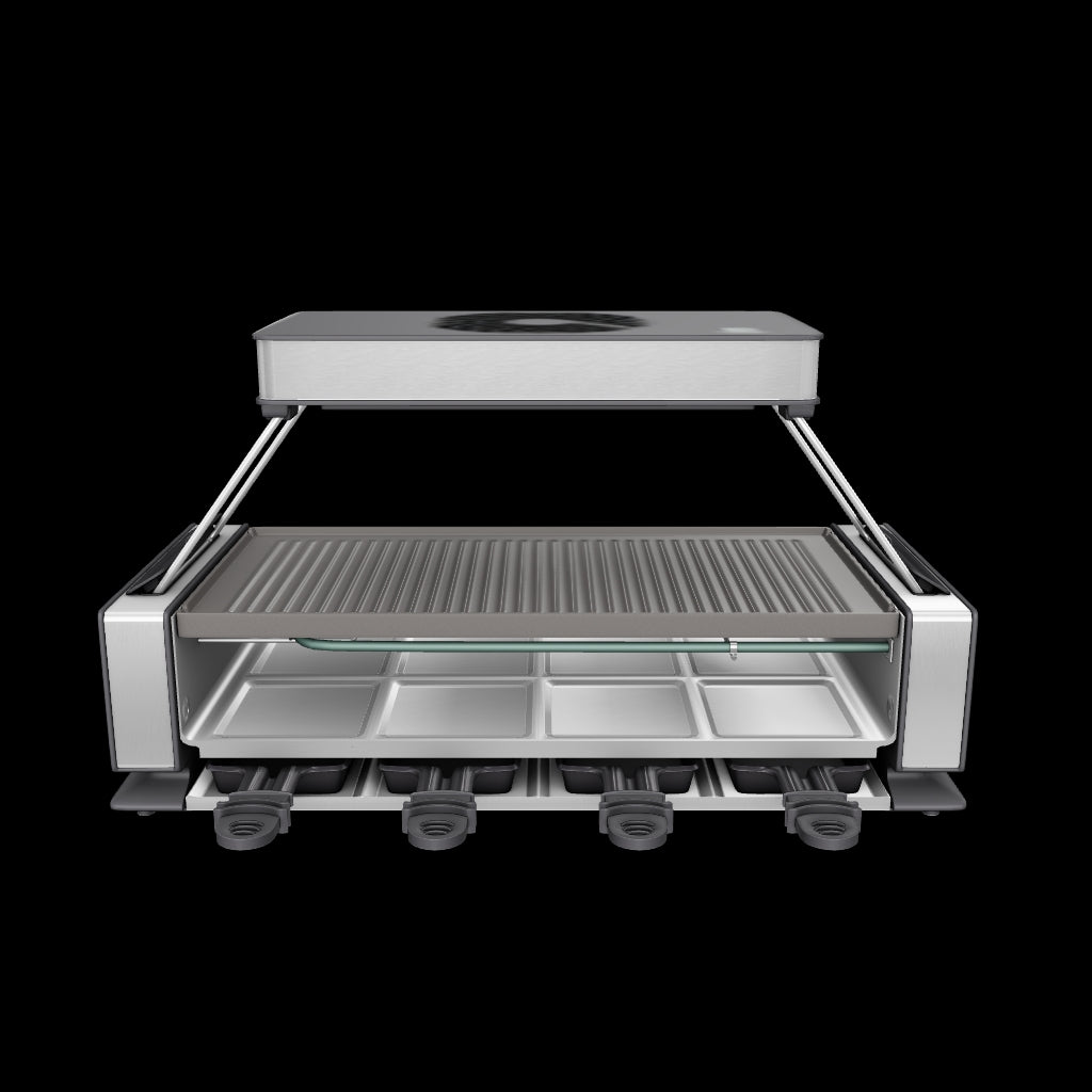 3D-Modell des Unold Raclette Smokeless mit Grillplatte, integrierter Rauchreduktionsfunktion, darunterliegenden Pfännchen und rechteckigem Gehäuse.