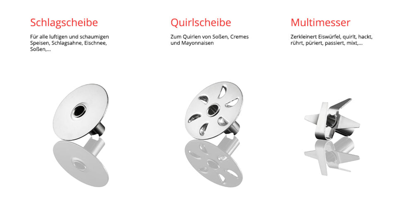 Der ESGE-Zauberstab® Akku PRO Weiß 95300 von Unold verfügt über drei Aufsätze: eine Schlagscheibe, eine Quirlscheibe und ein Multimesser, jeweils mit deutscher Anwendungsbezeichnung.