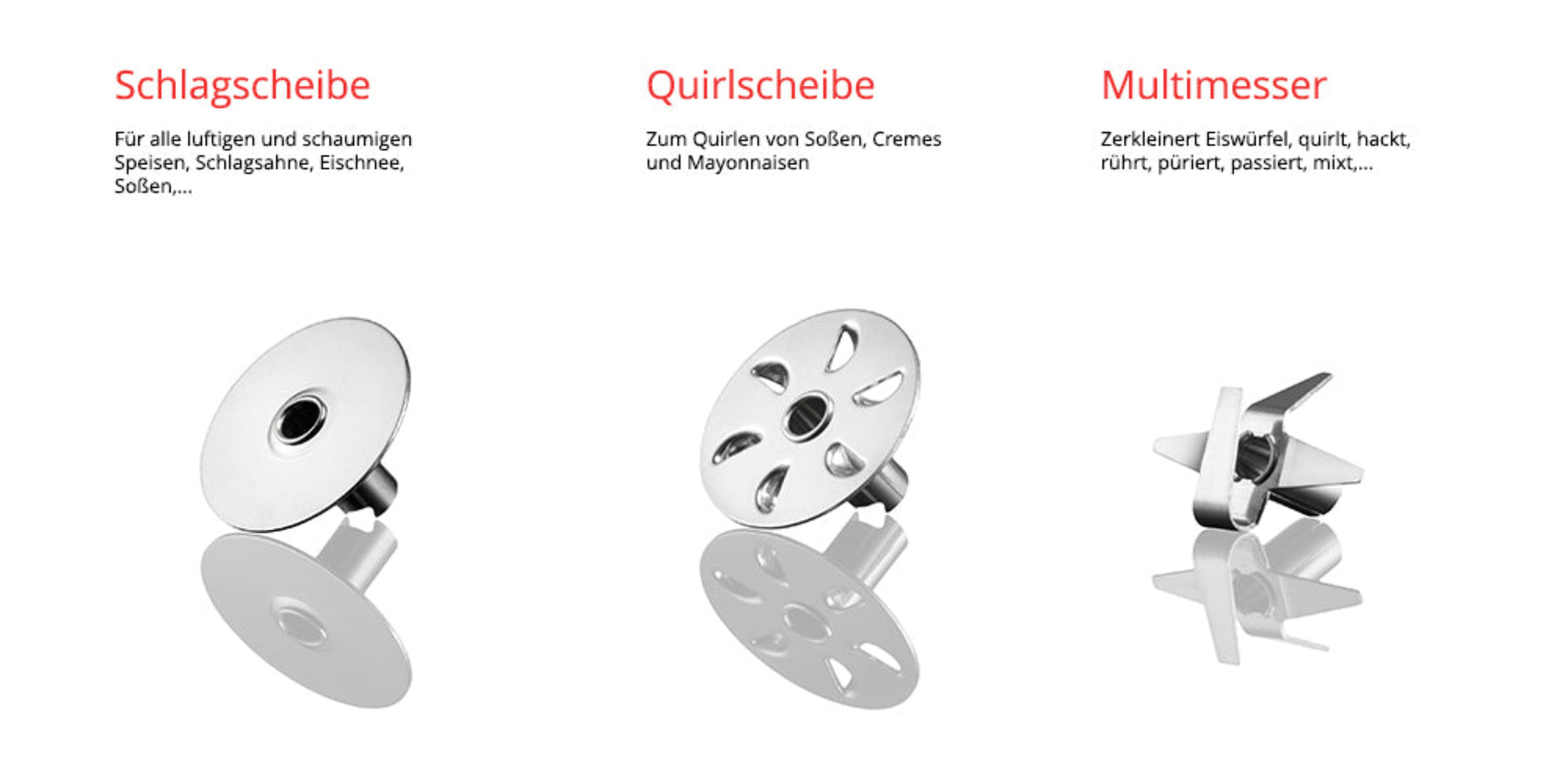 Der ESGE-Zauberstab® Akku PRO Weiß 95300 von Unold verfügt über drei Aufsätze: eine Schlagscheibe, eine Quirlscheibe und ein Multimesser, jeweils mit deutscher Anwendungsbezeichnung.