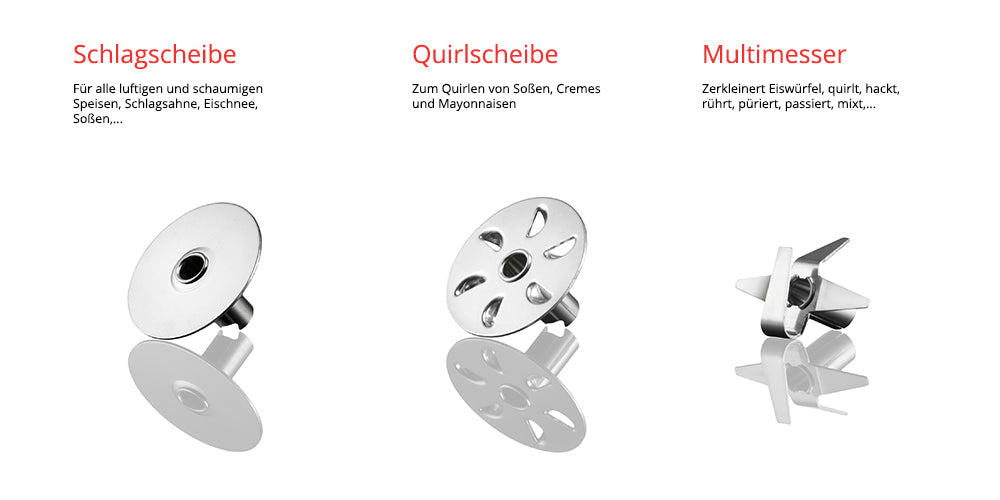 Der Unold ESGE-Zauberstab® P 200 Profi ist mit drei Aufsätzen abgebildet: einer Quirlscheibe (links), einer Lochrührscheibe (Mitte) und einem Vielmesserzerkleinerer (rechts), jeweils mit deutscher Beschriftung oben.