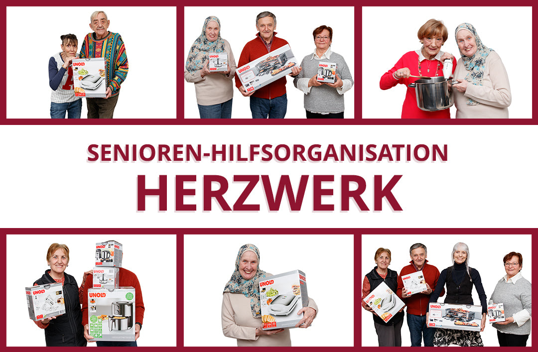 Eine Collage zeigt lächelnde Senioren, die Küchengeräte wie Töpfe und Kochmaschinen in der Hand halten, mit der Aufschrift Senioren-Hilfsorganisation Herzwerk in der Mitte. Der Hintergrund ist weiß mit roten Rändern.