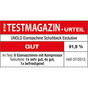 Das ETM Testmagazin bewertete die Unold Eismaschine Schuhbeck Exklusiv 1,5 L B-Ware im Juli 2015 mit „GUT“ (91,9%) und vergab unter 6 Eismaschinen mit Kompressor die Bewertungen 1 sehr gut, 4 gut und 1 befriedigend.