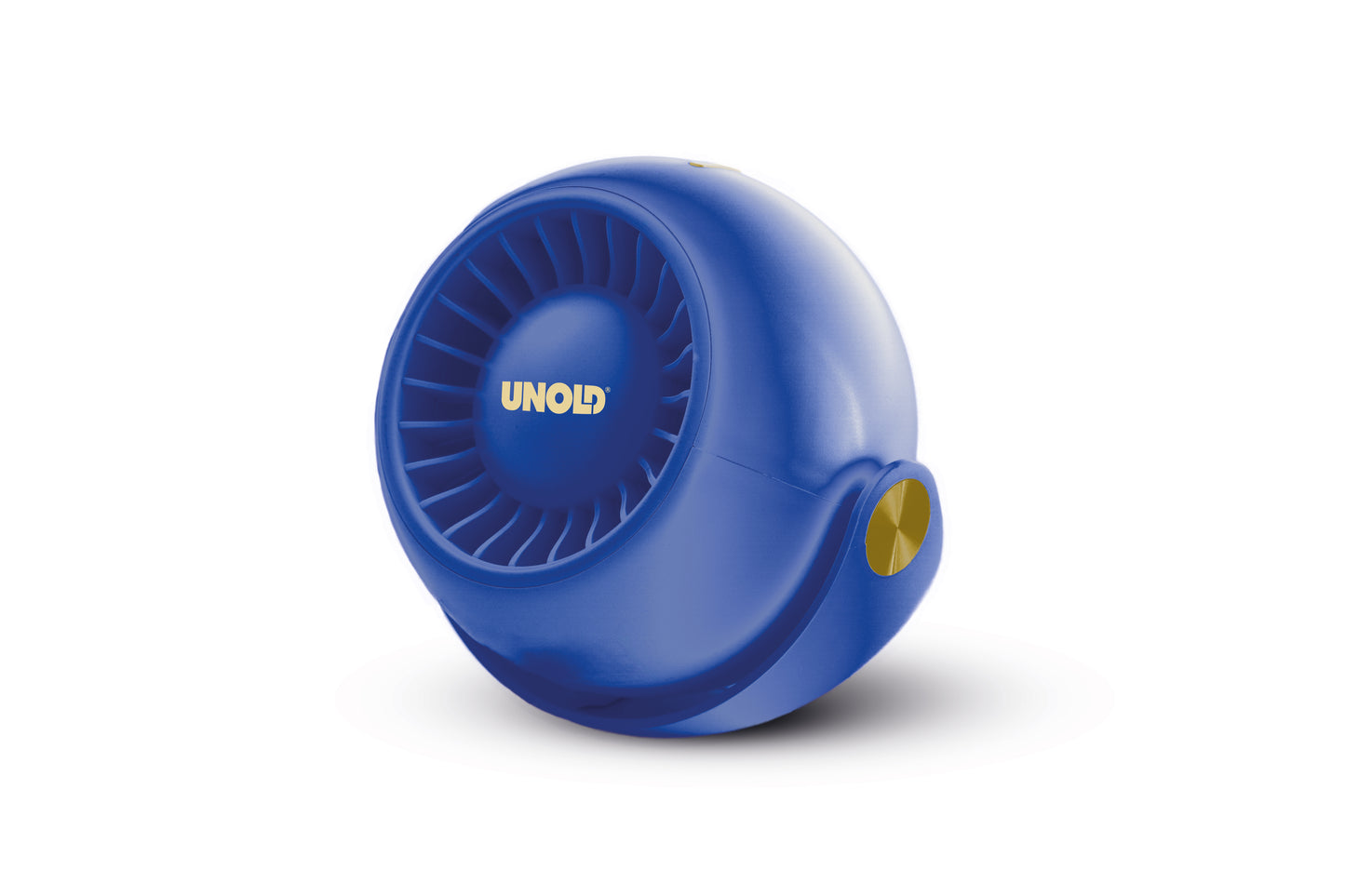 Der Unold Ventilator Breezy Bowl ist ein kleiner, runder, blauer tragbarer Ventilator mit dem Schriftzug „UNOLD“ in Gelb auf der Vorderseite und einem goldenen Seitenknopf vor weißem Hintergrund.