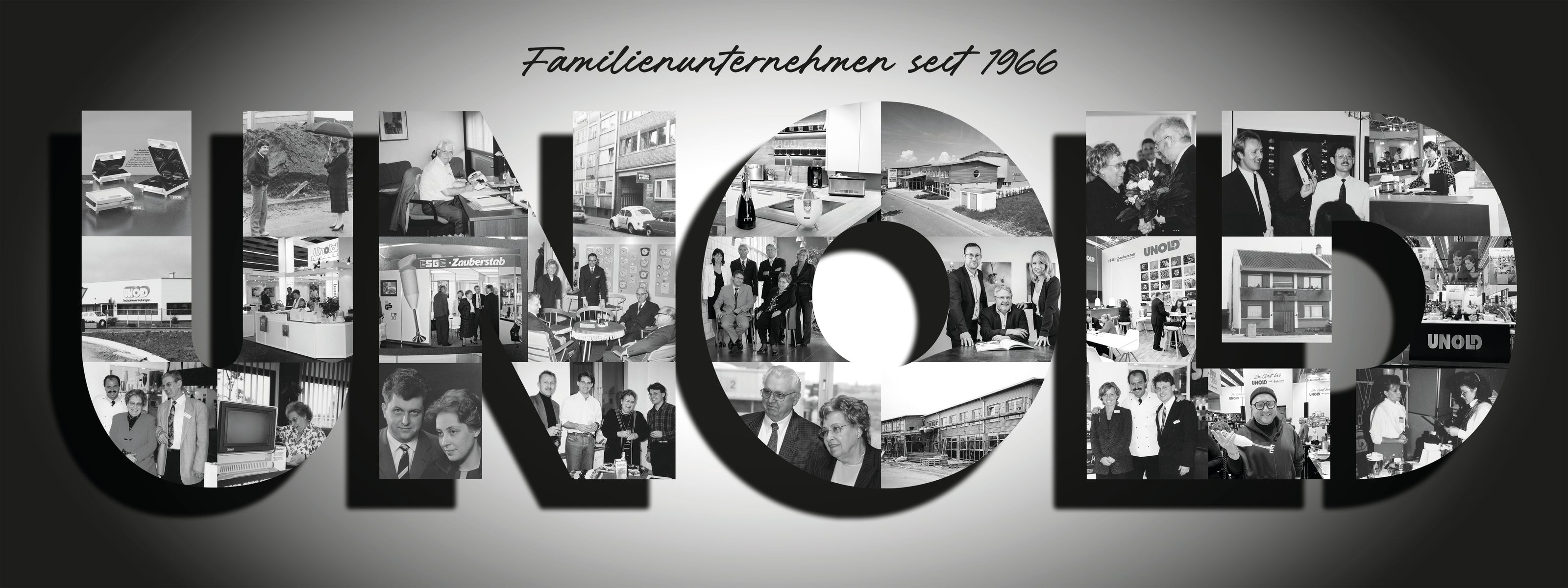 Der große Schriftzug „UNOLD“ ist mit Schwarz-Weiß-Fotos von Menschen, Gebäuden und Produkten gefüllt. Über dem Schriftzug steht in Schreibschrift der deutsche Satz „Familienunternehmen seit 1966“.