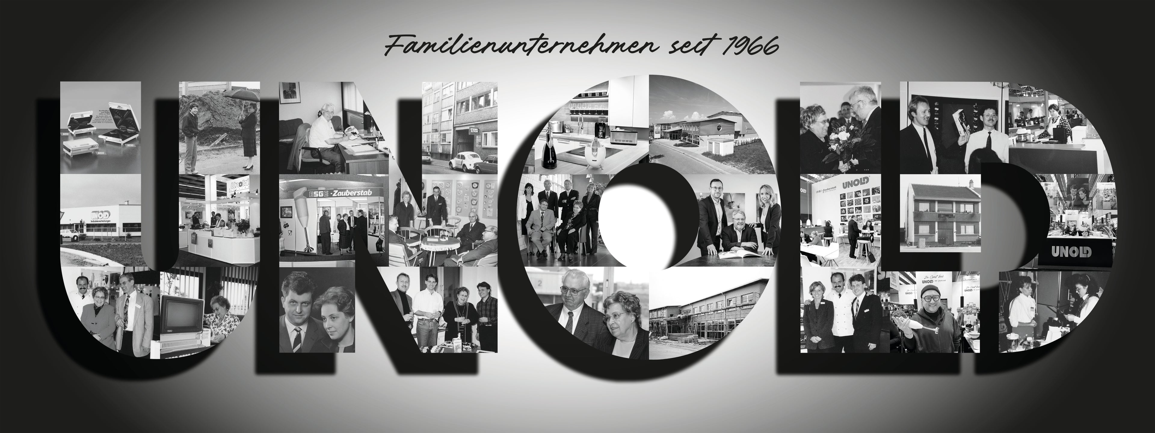 Der große Schriftzug „UNOLD“ ist mit Schwarz-Weiß-Fotos von Menschen, Gebäuden und Produkten gefüllt. Über dem Schriftzug steht in Schreibschrift der deutsche Satz „Familienunternehmen seit 1966“.