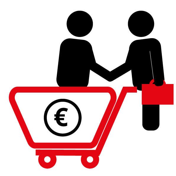 Ein roter Einkaufswagen mit einem Euro-Symbol darin und einer roten Einkaufstasche, die am Griff hängt.