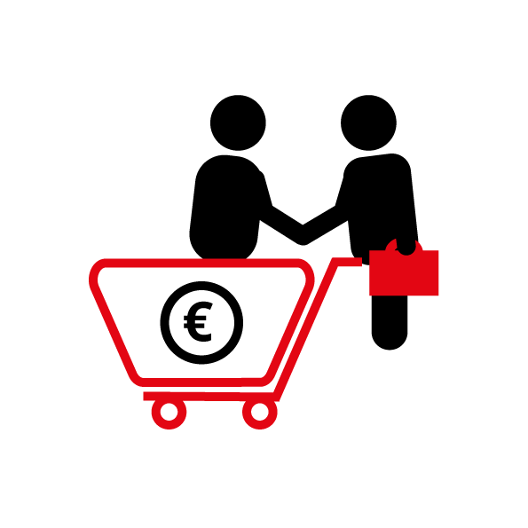 Ein rot-weißer Einkaufswagen mit einer Euromünze im Inneren und einer roten Einkaufstasche am Griff. Der Hintergrund ist schlicht, das Design schlicht und minimalistisch.