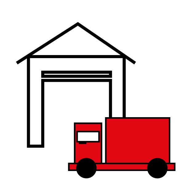 Einfache Abbildung eines Lastwagens in den Farben Rot und Schwarz, die eine Seitenansicht mit einem roten Fahrerhaus und Laderaum, schwarzen Rädern und einem schwarzen Umriss auf weißem Hintergrund zeigt.