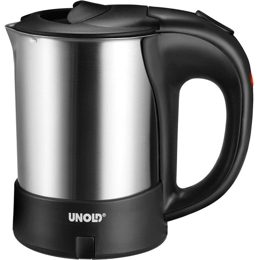 Der Unold Reiseblitzkocher Edelstahl 0,5L ist ein Wasserkocher aus Edelstahl mit schwarzem Griff und Standfuß, modernem Design und kleinem Ausgießer. Der Markenname Unold ist auf dem Standfuß abgebildet.