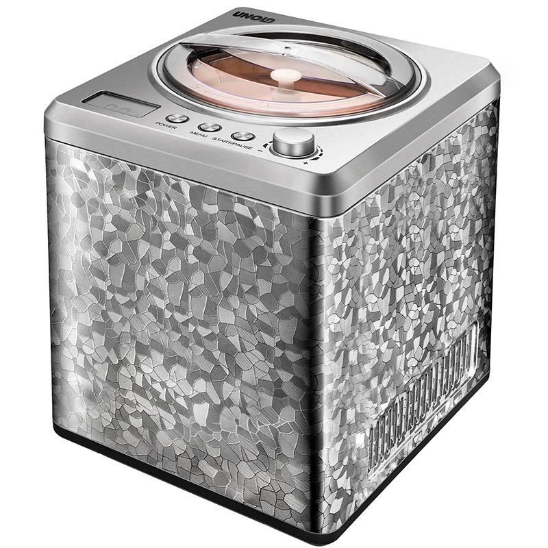 Die Unold Eismaschine Profi 2 L ist ein moderner, würfelförmiger Eisbereiter mit metallisch strukturierter Oberfläche, digitaler Anzeige und transparentem Deckel, der den Blick auf das Eisfach im Inneren freigibt.