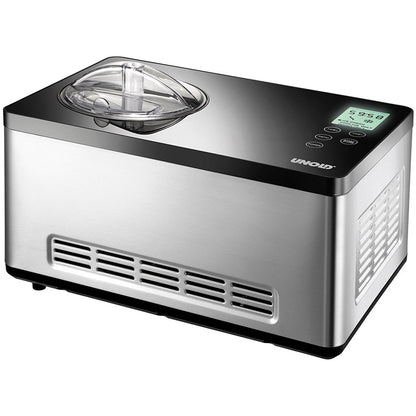 Die Unold Eismaschine Gusto 2 L ist eine Edelstahl-Eismaschine mit transparentem Deckel, Digitalanzeige und Bedientasten oben. Das Unold-Markenlogo befindet sich vorne rechts.