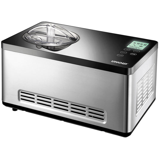 Die Unold Eismaschine Gusto 2 L ist eine Edelstahl-Eismaschine mit transparentem Deckel, Digitalanzeige und Bedientasten oben. Das Unold-Markenlogo befindet sich vorne rechts.