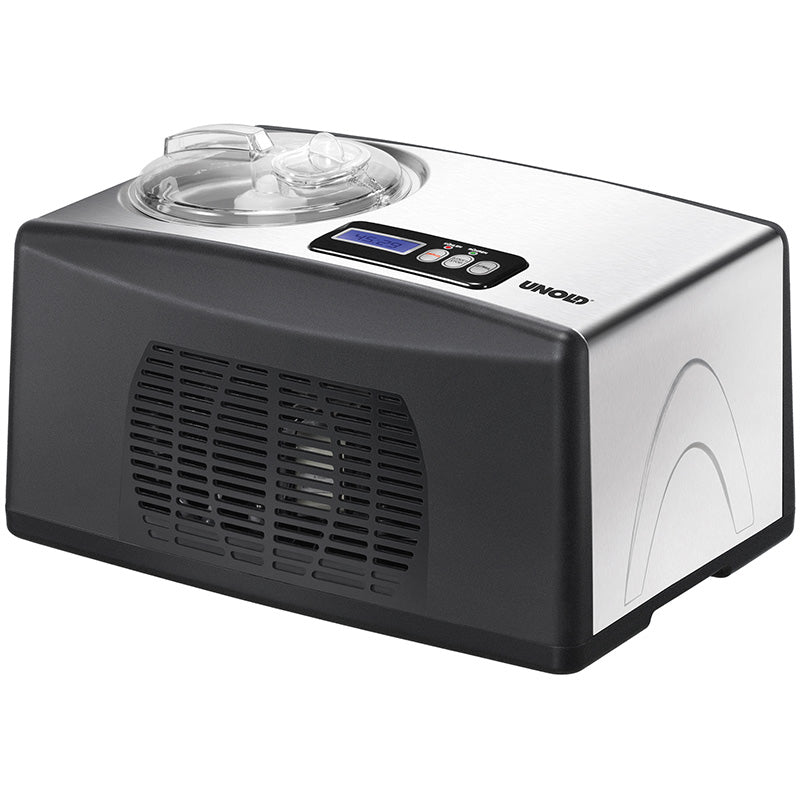 Die Unold Eismaschine Cortina 1,5 L ist eine elektrische Eismaschine aus Edelstahl und Schwarz mit transparentem Deckel, Digitalanzeige und Bedientasten oben auf weißem Hintergrund.