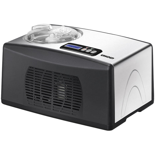 Die Unold Eismaschine Cortina 1,5 L ist eine elektrische Eismaschine aus Edelstahl und Schwarz mit transparentem Deckel, Digitalanzeige und Bedientasten oben auf weißem Hintergrund.