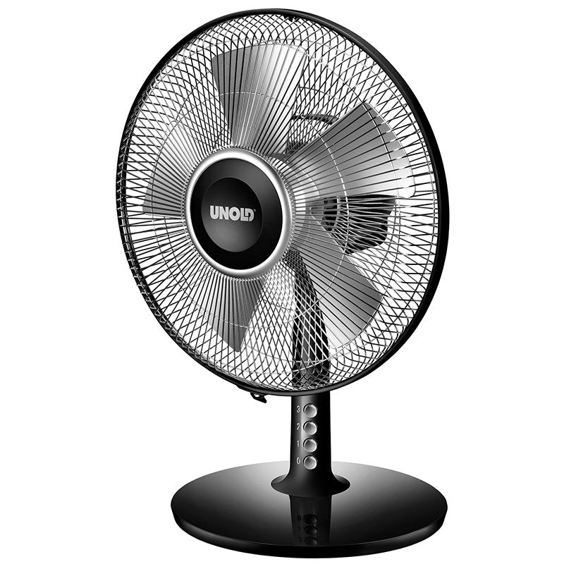 Der Unold TISCHVENTILATOR SILVERLINE 30 cm ist ein schwarz-silberner elektrischer Standventilator mit Drahtschutzgitter, mittig platziertem Unold-Logo und rundem Standfuß.