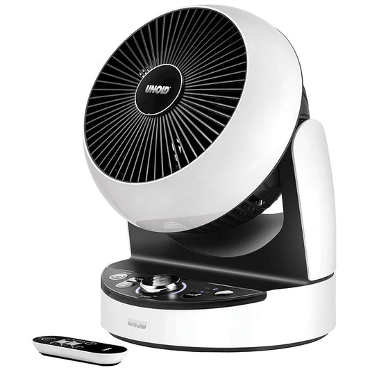 Der Unold TISCHVENTILATOR 3D B-Ware, ein weiß-schwarzer Elektroventilator mit rundem, neigbarem Kopf, sitzt auf einem Sockel mit Bedienknöpfen und Drehregler. Eine passende Fernbedienung liegt daneben, und das Unold-Logo prangt auf dem Frontgitter.