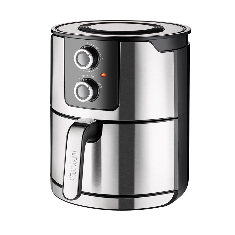 Die Unold Heißluftfritteuse XL verfügt über ein Edelstahldesign, ein digitales Bedienfeld, zwei Drehregler, eine Kontrollleuchte und einen Frontgriff zum einfachen Herausnehmen des Frittierkorbs.