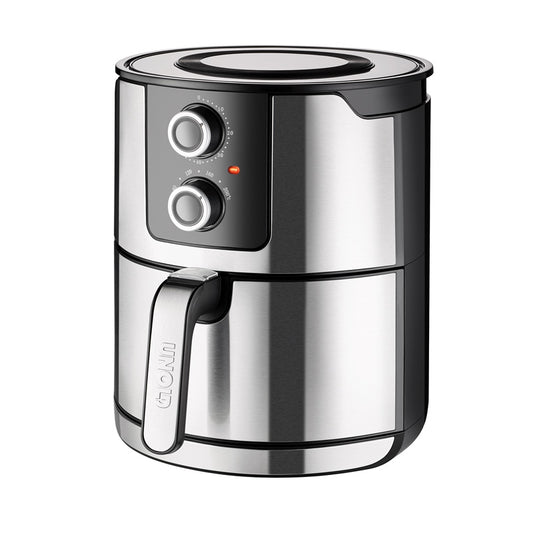 Die Unold Heißluftfritteuse XL verfügt über ein Edelstahldesign, ein digitales Bedienfeld, zwei Drehregler, eine Kontrollleuchte und einen Frontgriff zum einfachen Herausnehmen des Frittierkorbs.